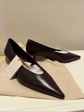 Zara Pointed Low Heel Pumps in Dark Brown Leather